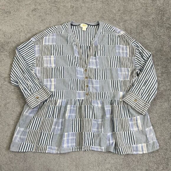 Maeve Anthropologie Twill Blue/Multi Striped  Patchwork Swing Button Shirt Top M - Picture 1 of 6